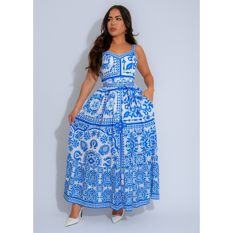 Mediterranean Breeze Floral Midi Dress Blue