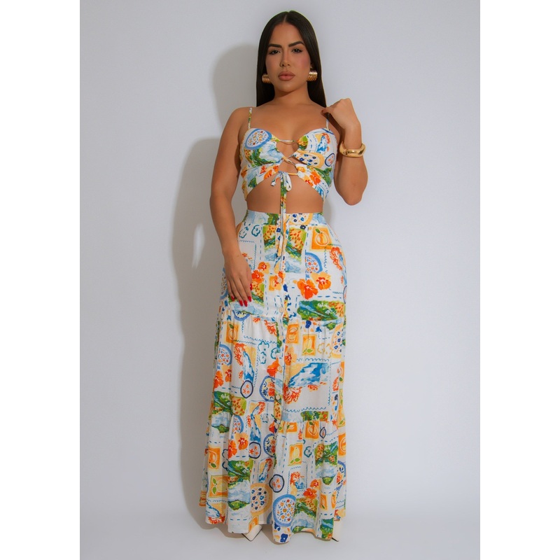 Mediterranean Floral Muse Skirt Set Blue