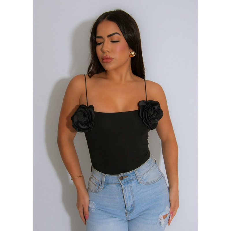 Petal Poise Floral Bodysuit Black