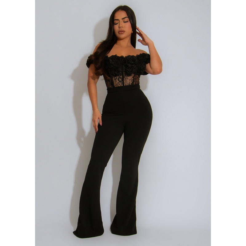 Rosette Lace Dream Floral Jumpsuit Black