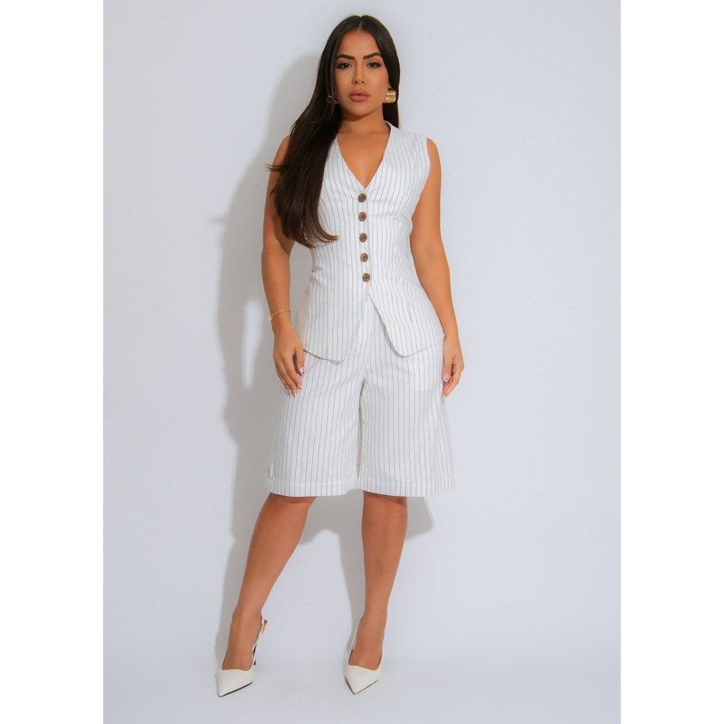 The City Chic Stripes Linen Short Set White