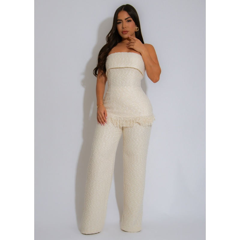 The Luxe Fringe Tweed Pant Set Nude