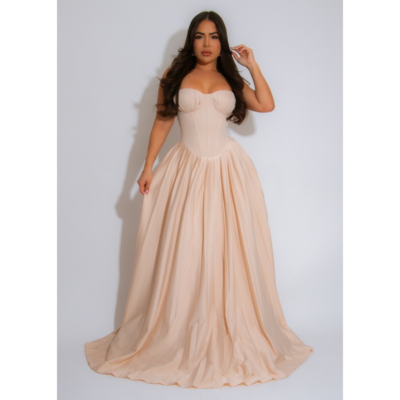 The Royale Elegance Satin Maxi Dress Nude