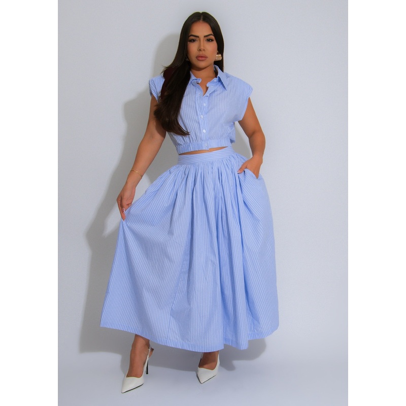 The Seaside Elegance Stripes Skirt Set Blue