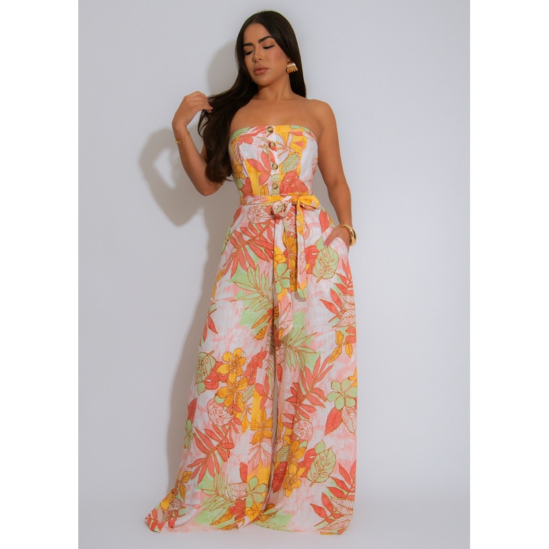 Tropic Bliss Linen Floral Jumpsuit Pink