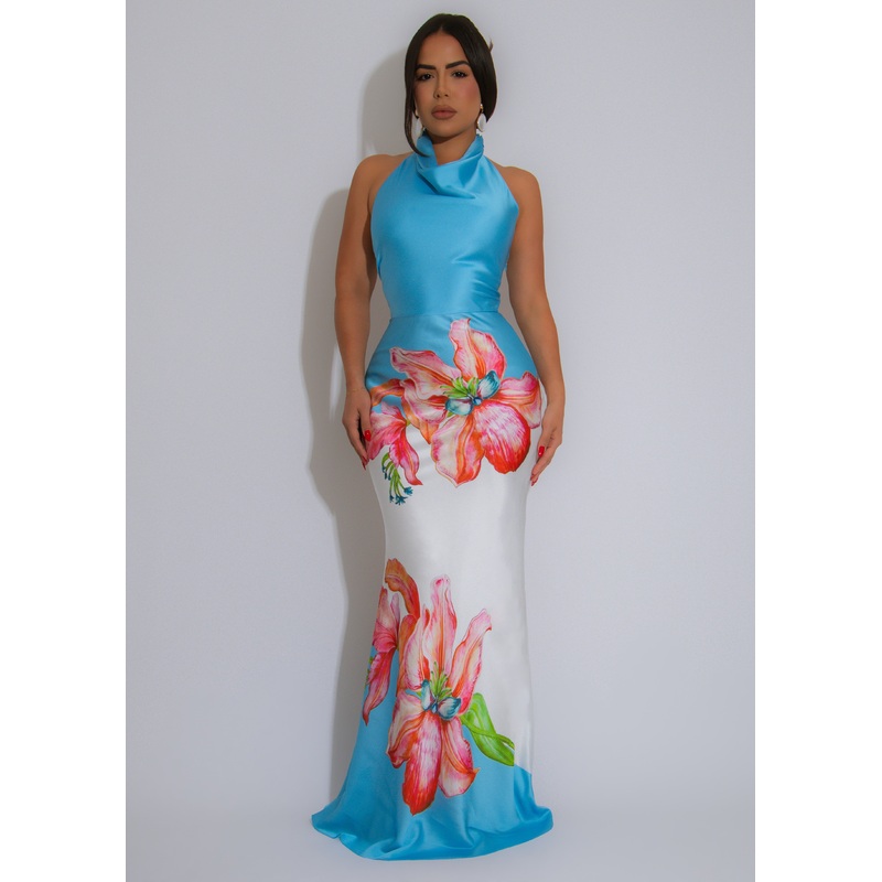 Blooming Elegance Halter Satin Floral Maxi Dress Blue