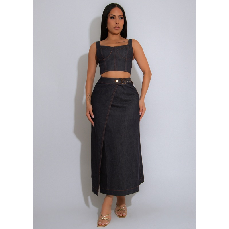 Bustier Stitch Skirt Set Dark Denim