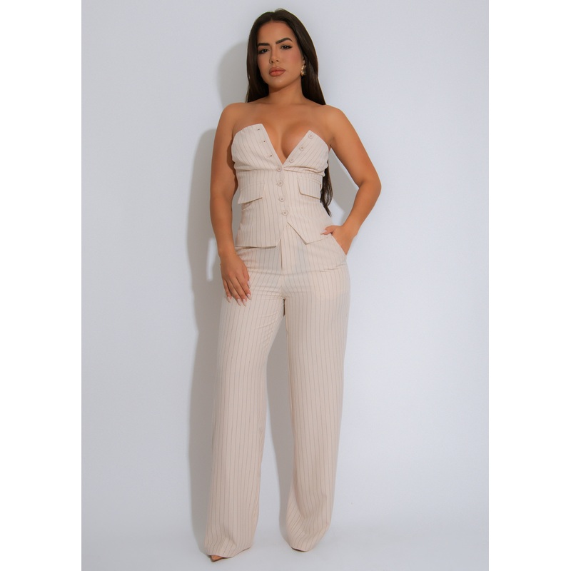 Executive Edge Stripes Pant Set Nude