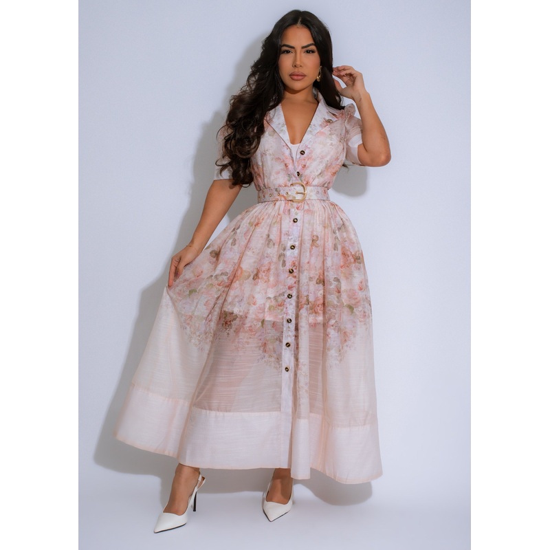 Garden Reverie Floral Midi Dress Nude