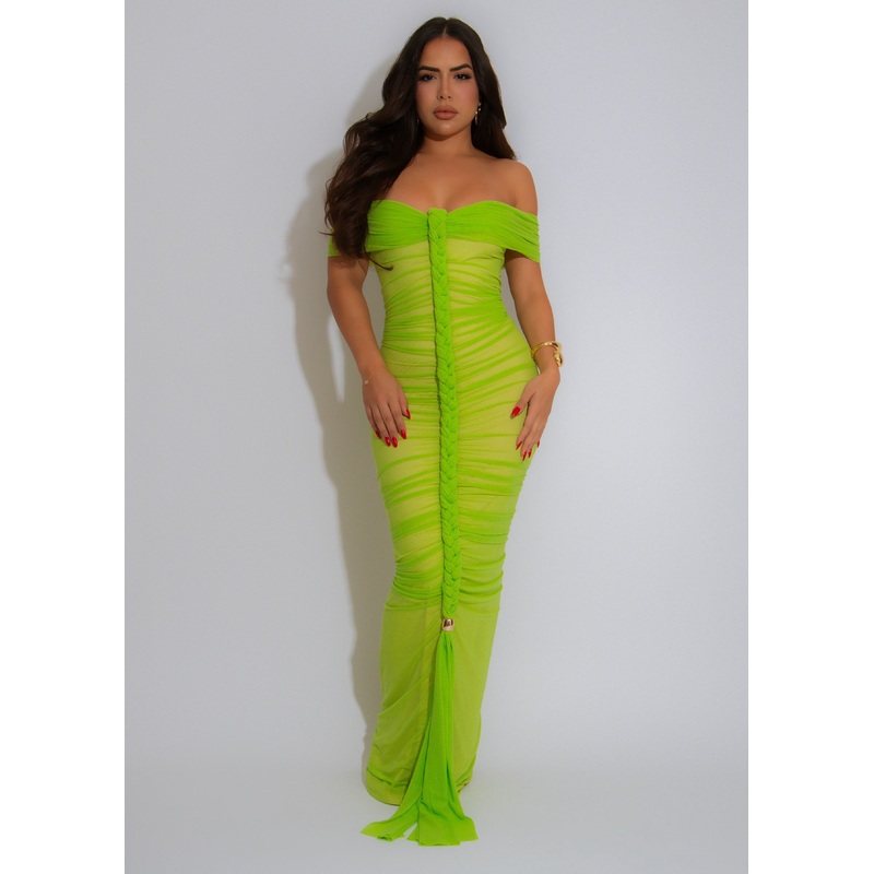 Luxe Goddess Ruched Mesh Maxi Dress Green