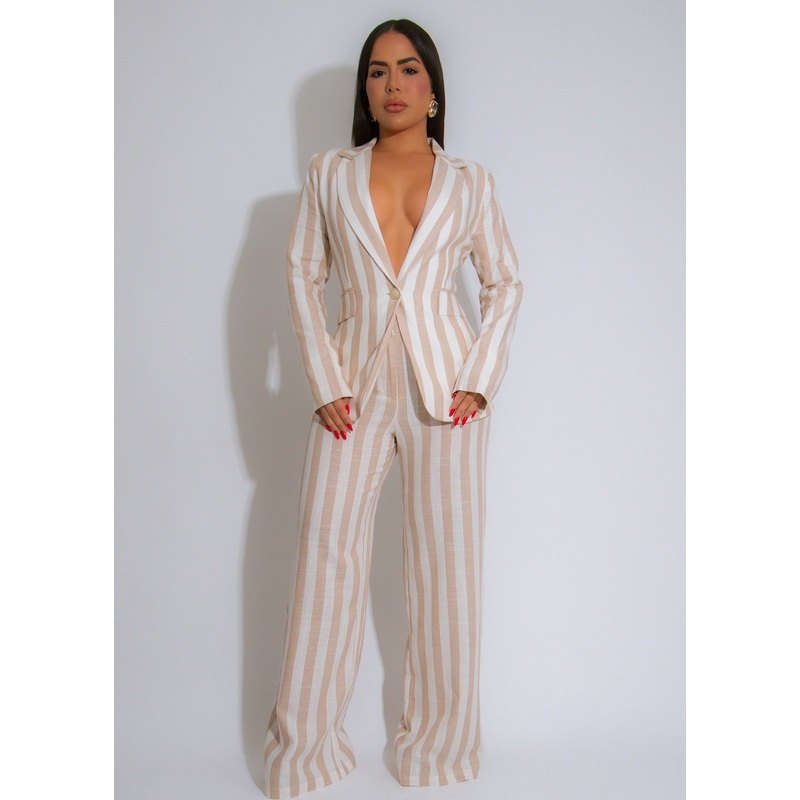 Marbella Stripes Linen Pant Set Nude
