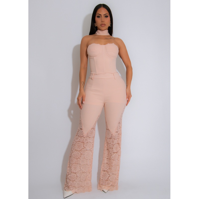 Soft Allure Lace Floral Pant Set Pink