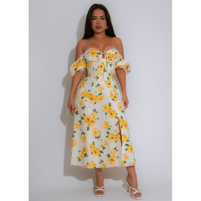 Sunlit Bloom Floral Midi Dress Yellow