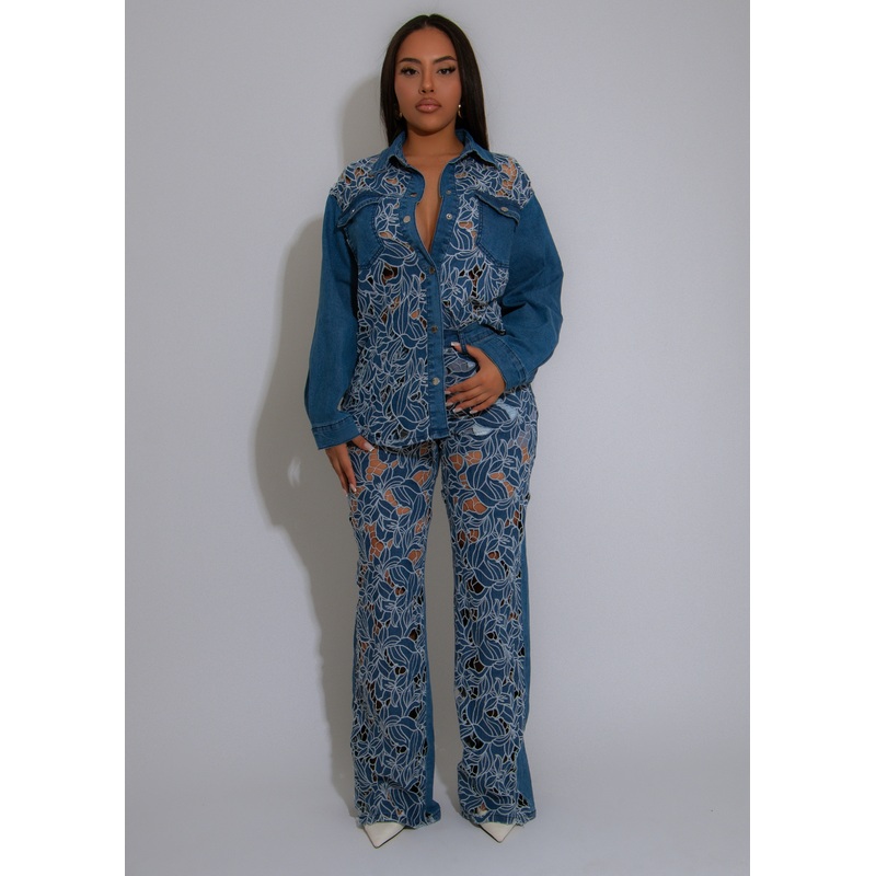 Wild Bloom Lace Floral Pant Set Denim