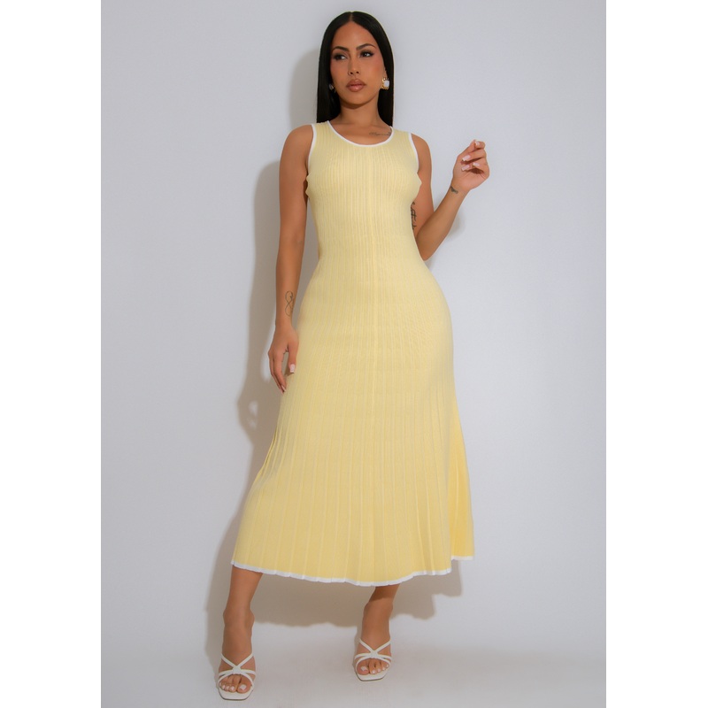 Citrine Glow Ribbed Midi Dress Yellow