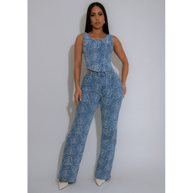 Empowered Feeling Floral Pant Set Light Denim