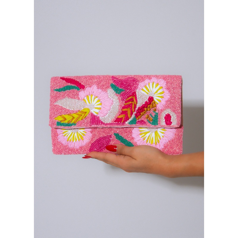 Garden Bloom Beaded Clutch Pink