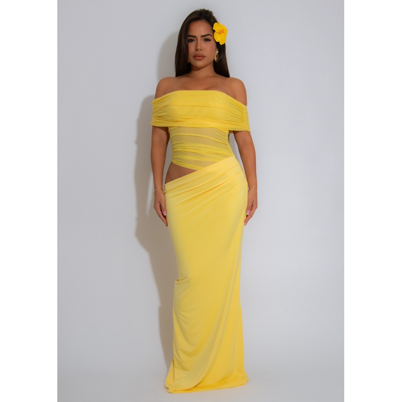 Paradise Island Luxe Ruched Mesh Maxi Dress Yellow