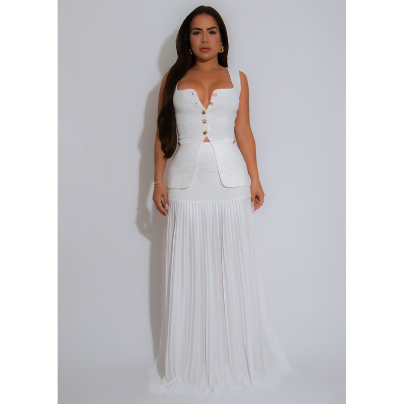 Pleated Grace Ribbed Skirt Set White