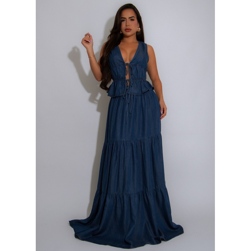 Wanderlight Ruched Skirt Set Dark Denim