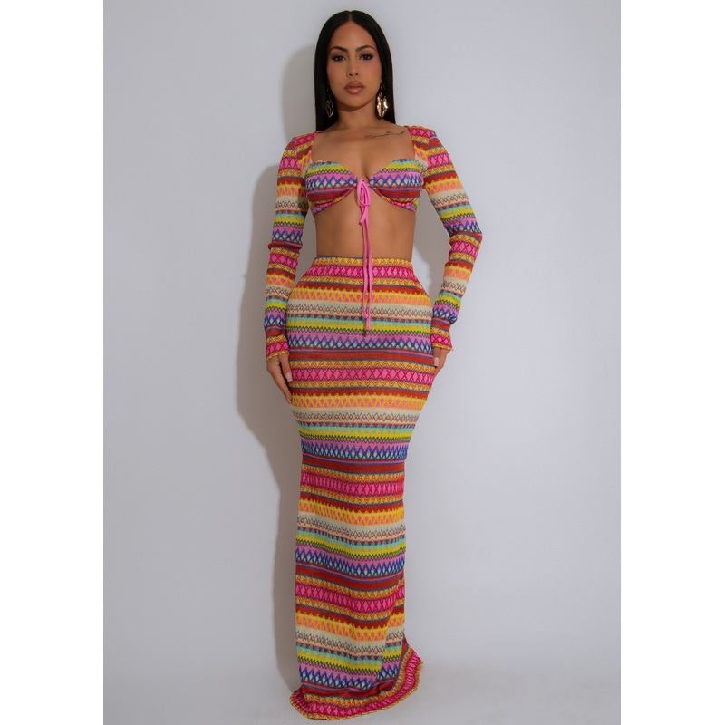 Boho Essence Knit Skirt Set Pink