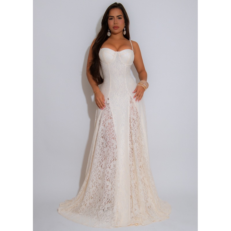 Ethereal Muse Floral Lace Maxi Dress Nude