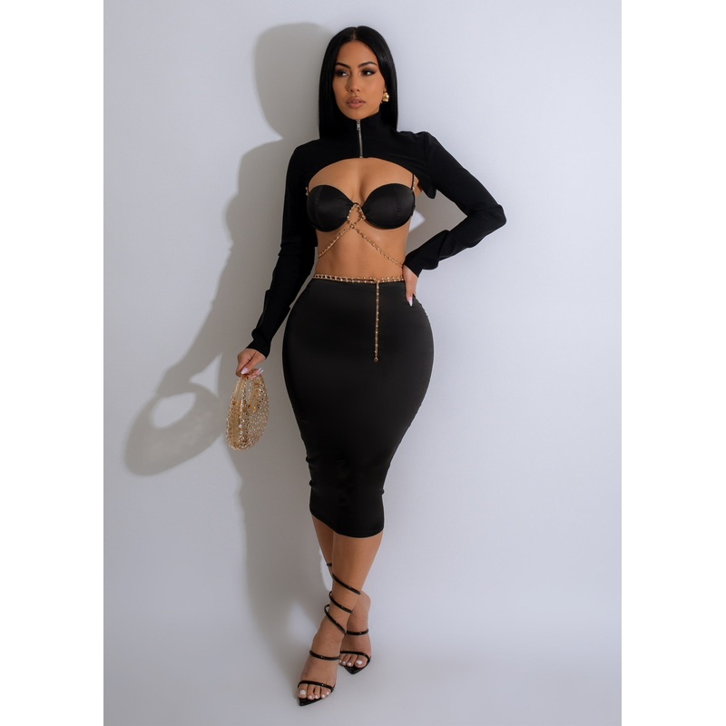 Icon 90's Satin Rhinestones Skirt Set Black