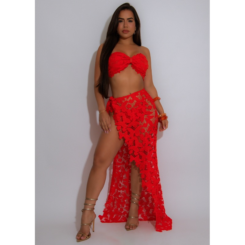Lace Me Up Lace Skirt Set Orange