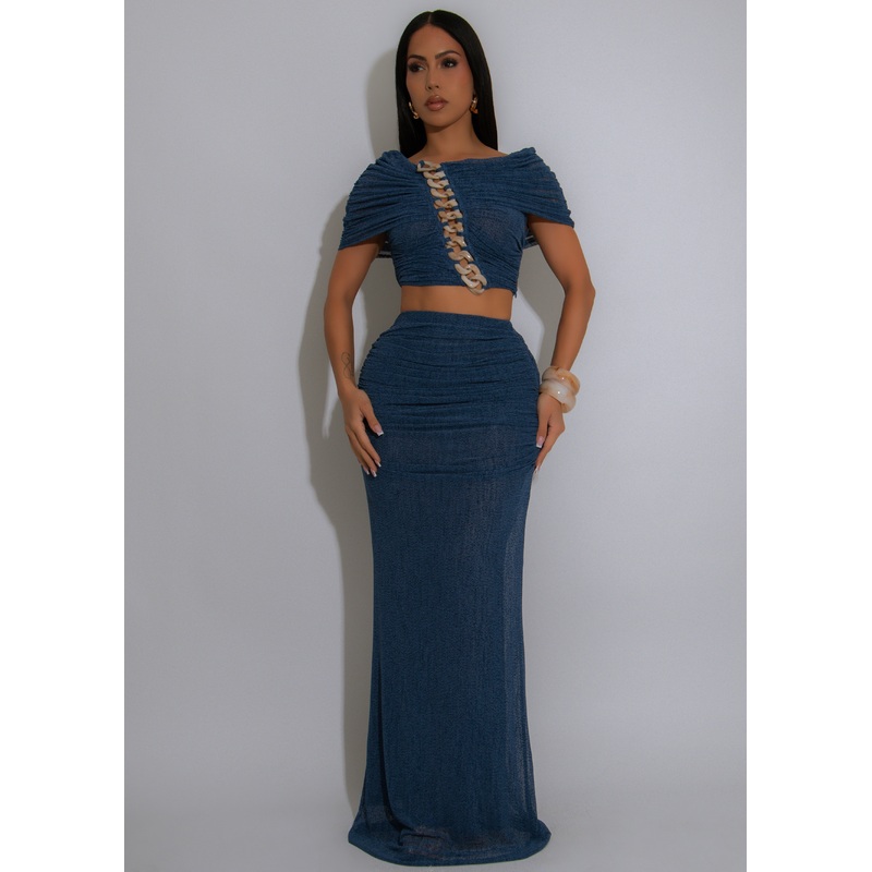 Linked Desire Mesh Ruched Skirt Set Blue