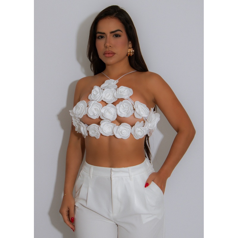 My True Passion Floral Crop Top White