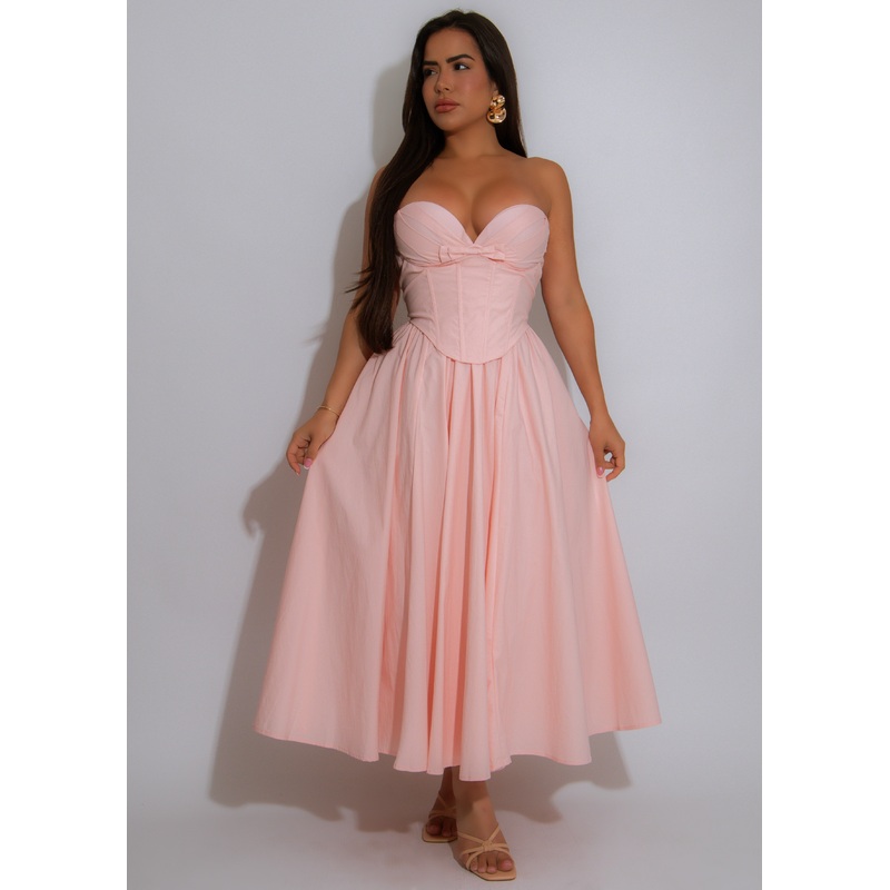 Poised Affair Ruched Midi Dress Pink