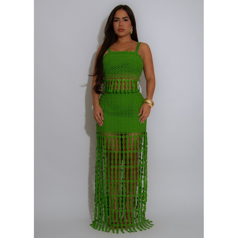 Tassel Tango Crochet Skirt Set Green