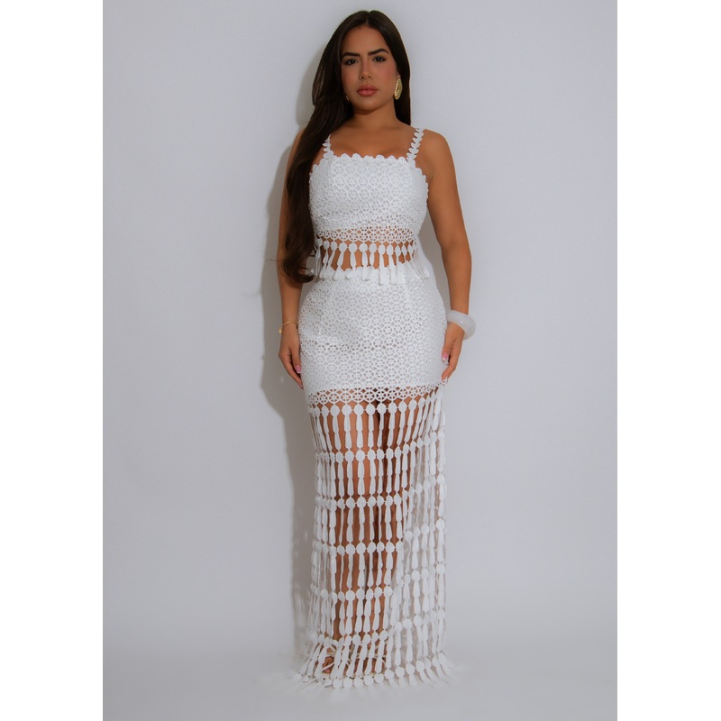 Tassel Tango Crochet Skirt Set White