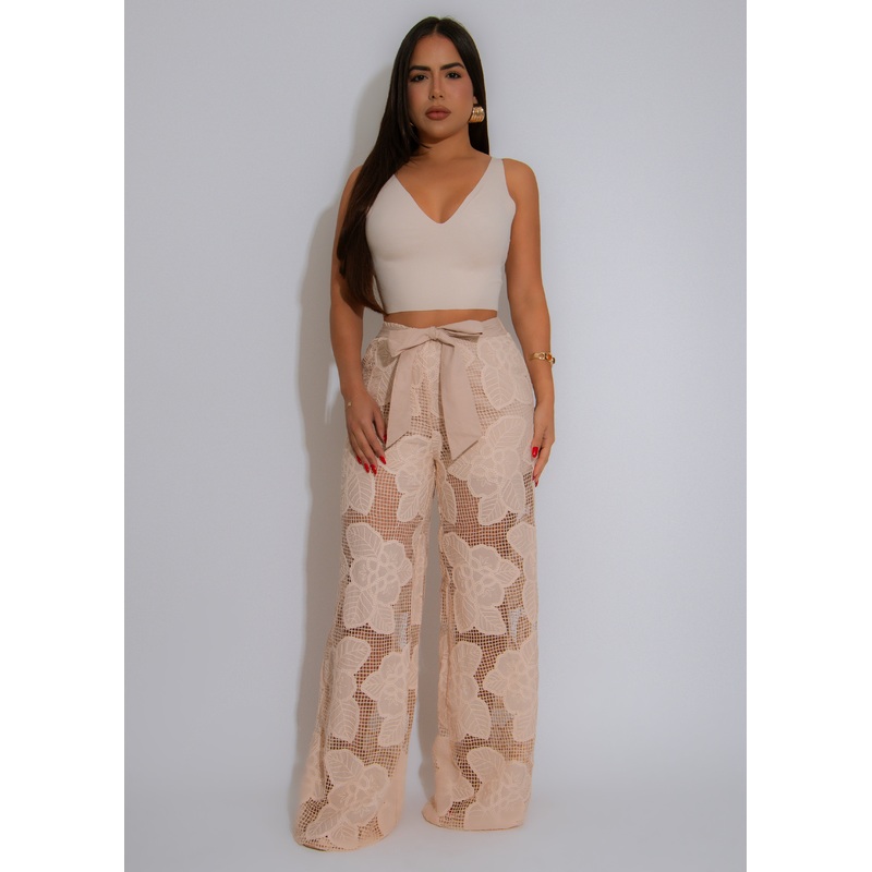 The Palma Crochet Floral Pants Nude