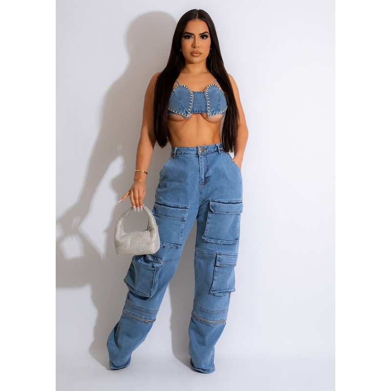 Armored Heart Rhinestones Denim  Crop Top