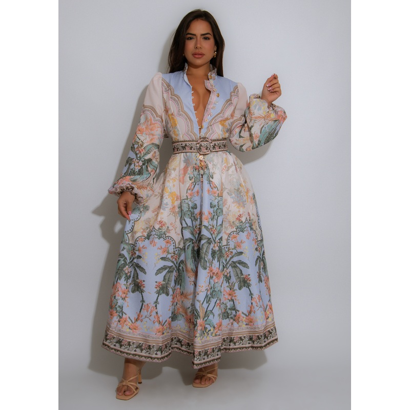 Botanical Reverie Floral Midi Dress Nude