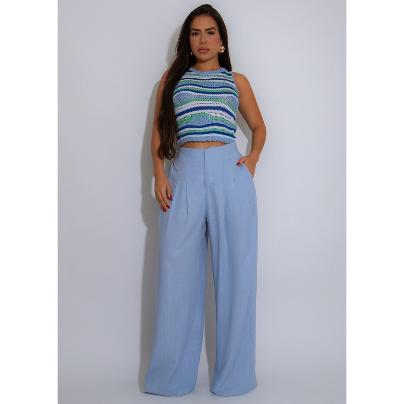 Coastal Groove Linen Knit Pant Set Blue