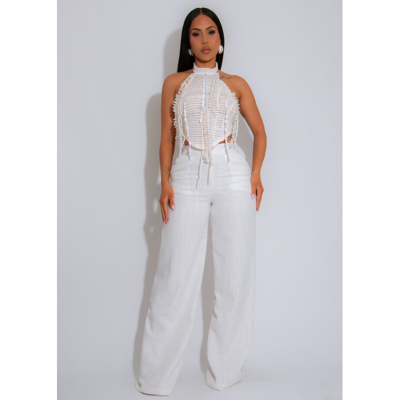 Coastal Luxe Crochet Pearl Linen Pant Set White