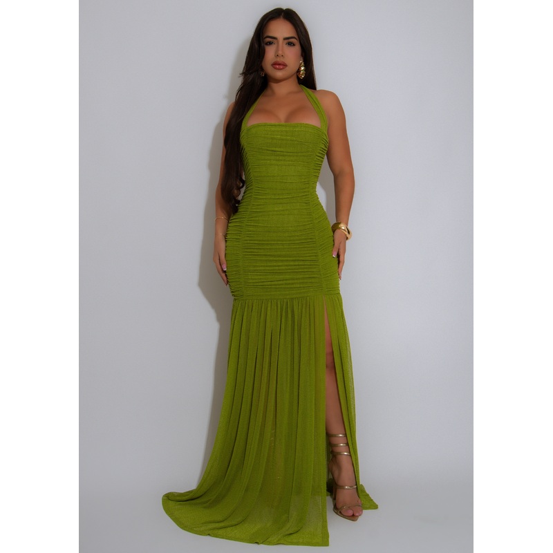 Squeeze the Day Mesh Ruched Maxi Dress Green