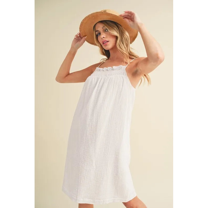 Aemi + Co Embroidered Trim Gauze Square Neck Mini Cami Dress