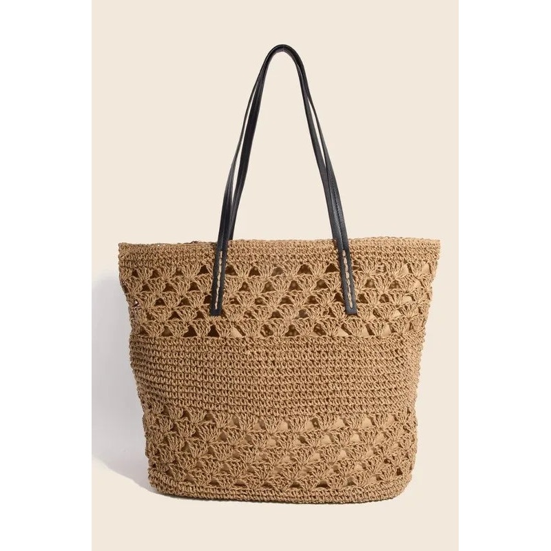 Faux Leather Handle Knitted Tote Bag
