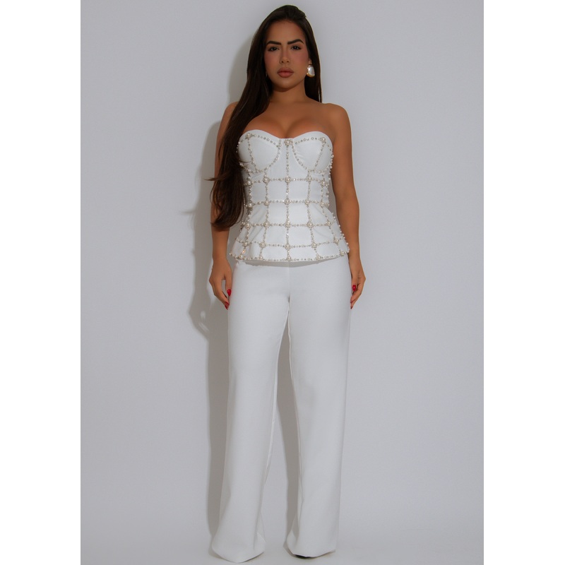 Gridlock Glam Rhinestone Pearl Pant Set White