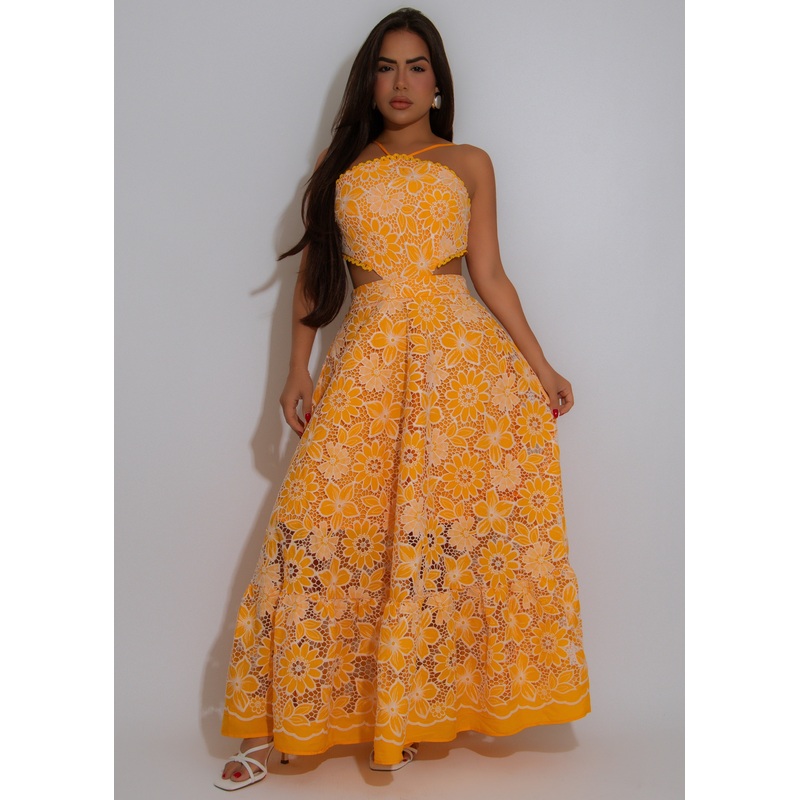 Living A Fairytale Lace Floral Midi Dress Yellow