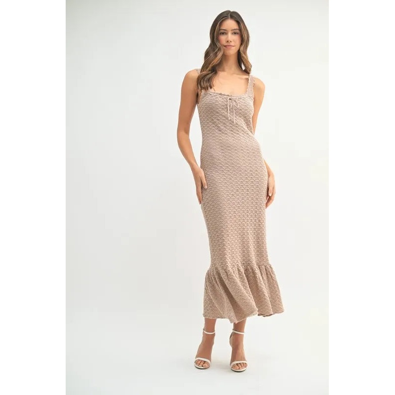 MABLE Ruffled Hem Sleeveless Crochet Knit Midi Dress