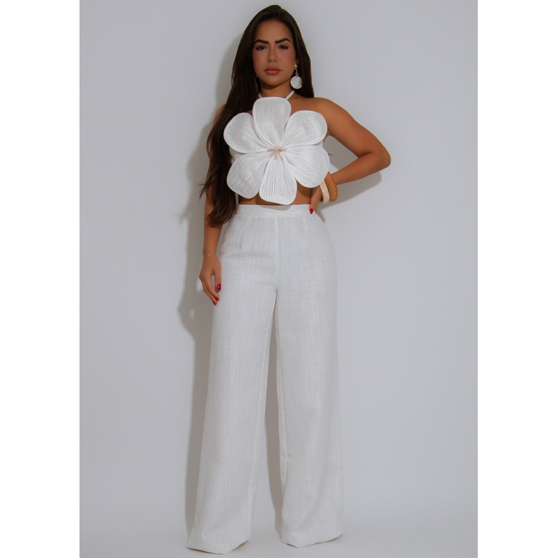 Petal Sands Crochet Floral Pant Set White