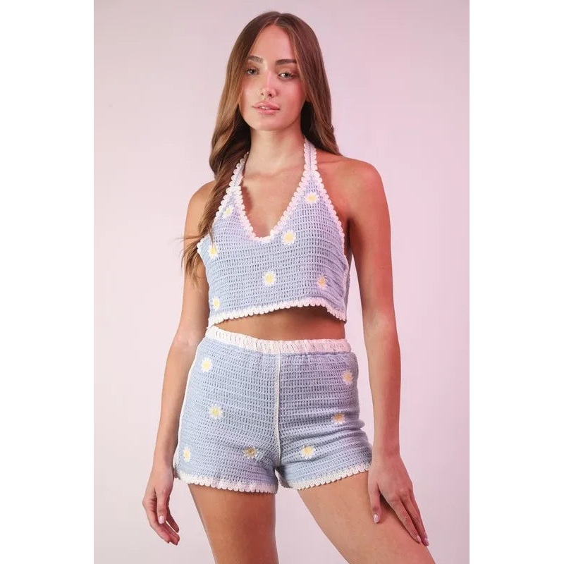 VERY J Floral Crochet Top and Shorts Set