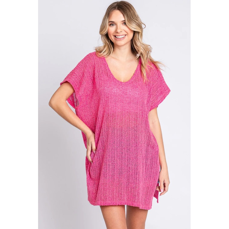GeeGee Short Sleeve Side Slit Knit Cover Up Dress