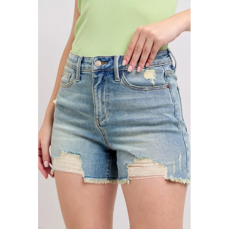Judy Blue High Rise Washed Fly Stitch Detail and Destroy Denim Shorts