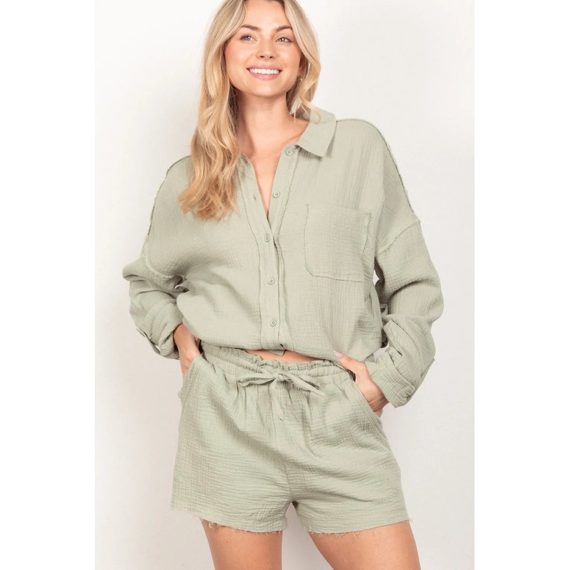 VERY J Texture Button Up Shirt and Shorts Set