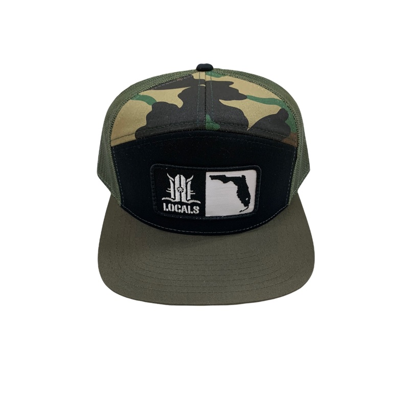 LOCALS FLORIDA BOARDERS 7 PANEL FLAT BRIM TRUCKER BLACK/LODEN/CAMO